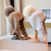 Warm Beige Woolen Cap with Long Braid and Pearl Detail