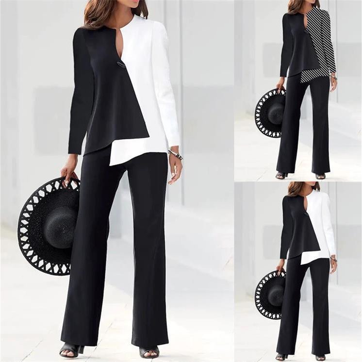 Temperament Color Matching Loose Trousers Two-piece Suit for Women