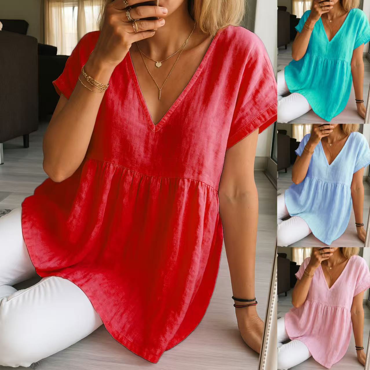 Women's Loose-Fit Cotton-Linen Short Sleeve Top – Casual Street Style