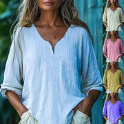 Womens Casual Loose Fashion Cotton-Linen Long-Sleeve V-Neck Solid Color Top