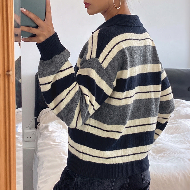 Loose-fitting Striped Color-block V-neck Half-zip Knit Sweater