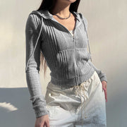 Cozy Grey Hooded Knit Cardigan with Zipper