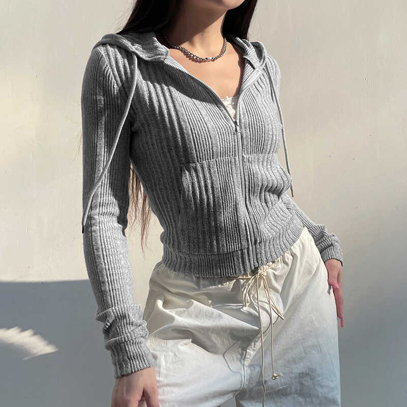 Cozy Grey Hooded Knit Cardigan with Zipper