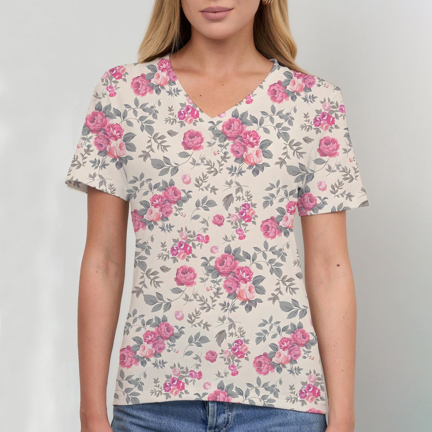 Floral V-Neck Tee – Soft, Slim‑Fit Short Sleeve Top