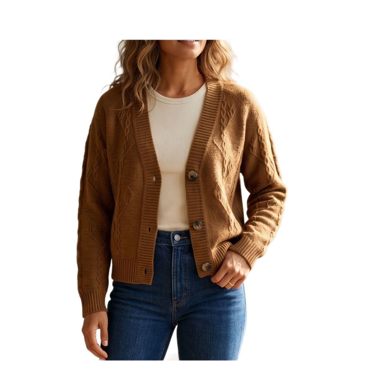 New European and American-style Coffee-colored Cable-knit Cardigan