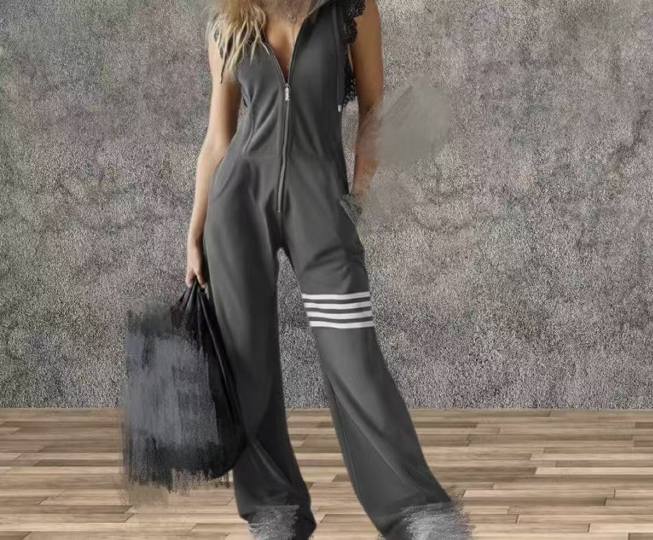 New Style Sporty Retro Lace Striped Sleeveless Hooded Jumpsuit