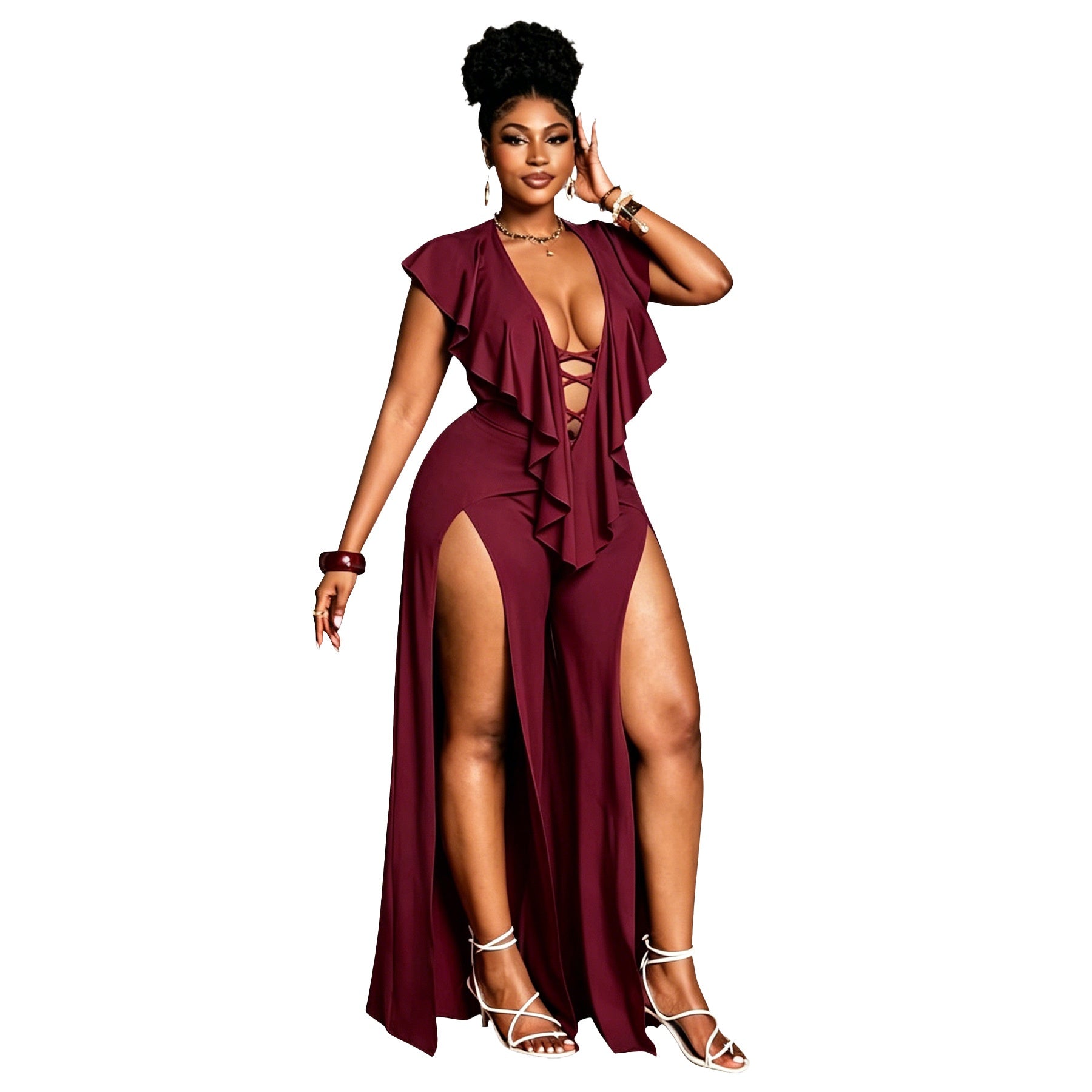 Elegant Ruffle Wide-Leg Plus Size Jumpsuit