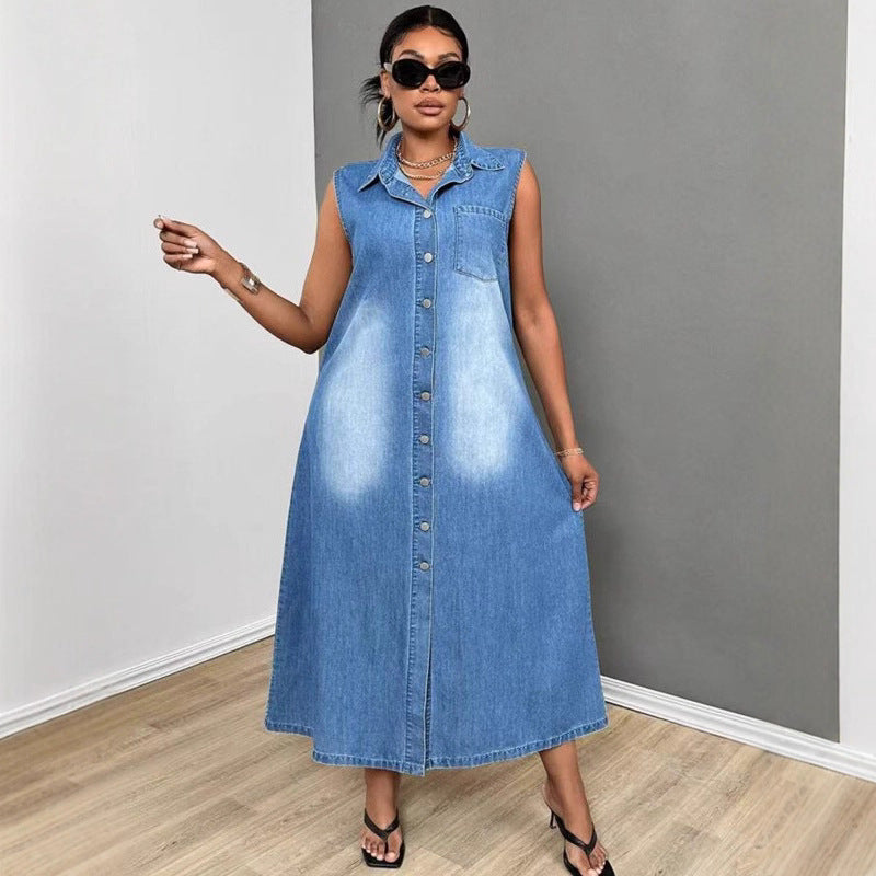 Womens Sleeveless Single-breasted Denim Dress