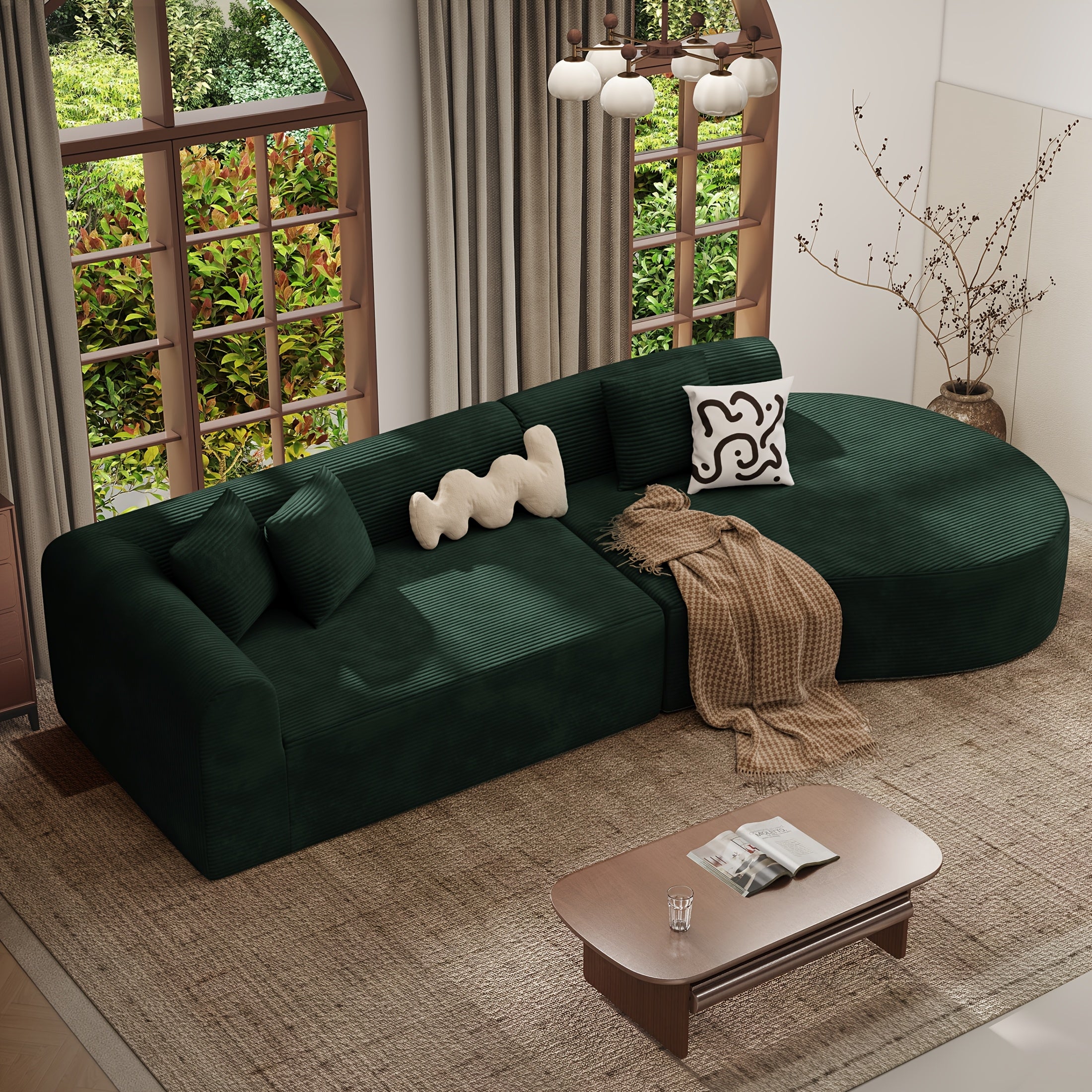 Modular L-shaped chaise longue sofa bed with deep seat and corduroy upholstery