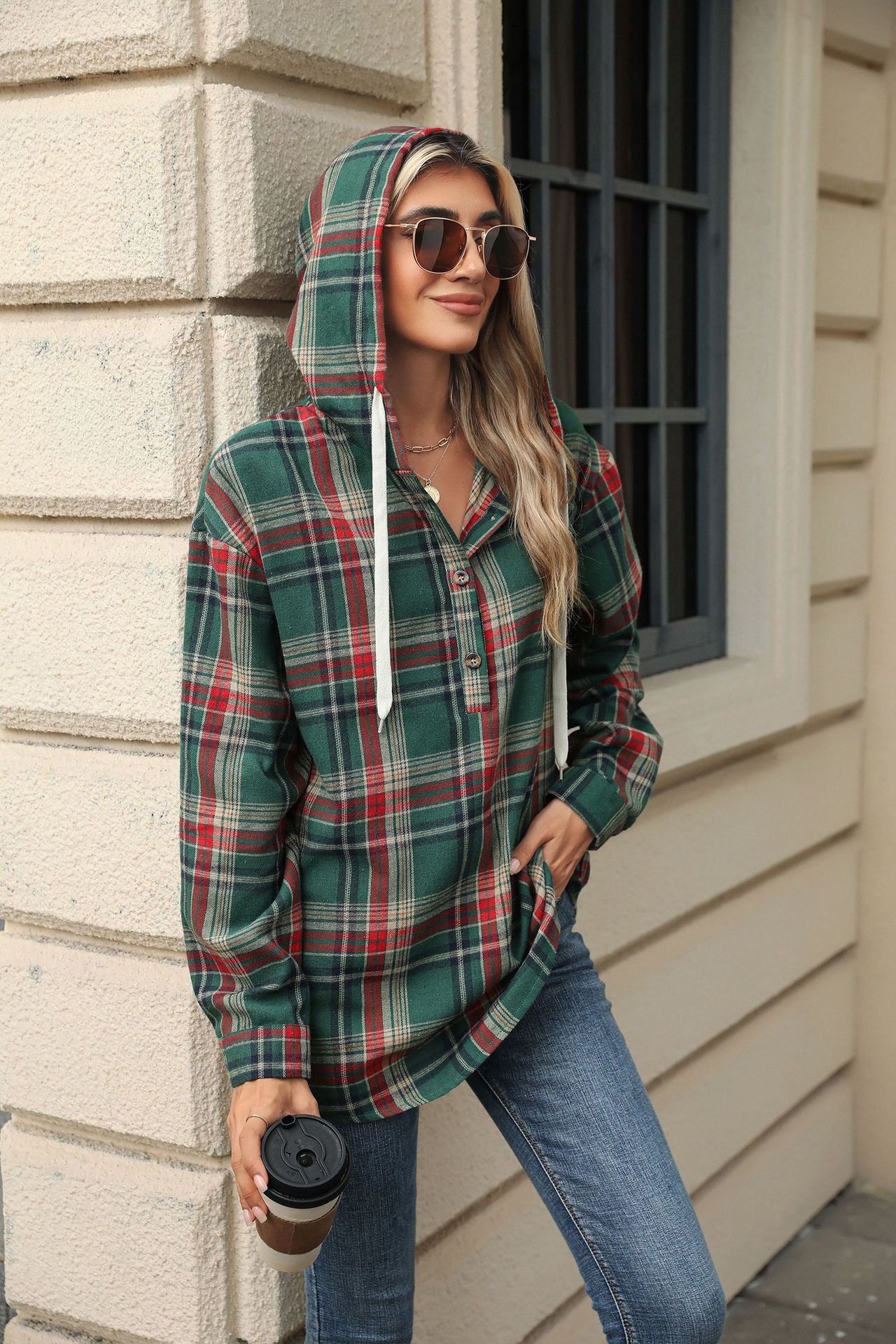 Women's Plaid Button Hoodie Loose Long Sleeve Sweatshirt