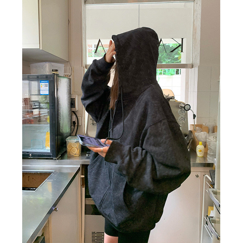 Women's Grey Zip-Up Hooded Cardigan Loose Sweater