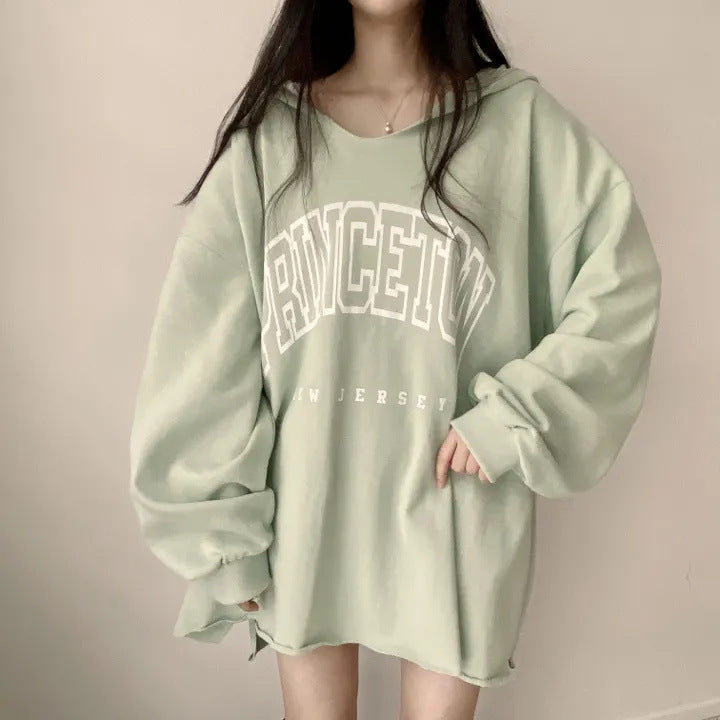 Korean Style Letter Print Loose Hooded Casual Sweater