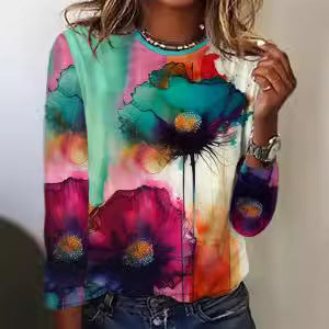 Gradient Floral Print Long Sleeve Round Neck Top