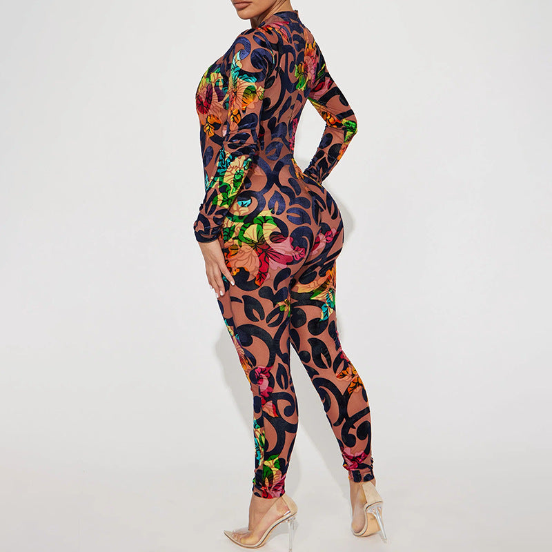 Retro Print High-Elastic Skinny Mesh Jumpsuit