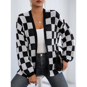 Womens Casual Loose Sweater Coat with a Checkerboard Pattern