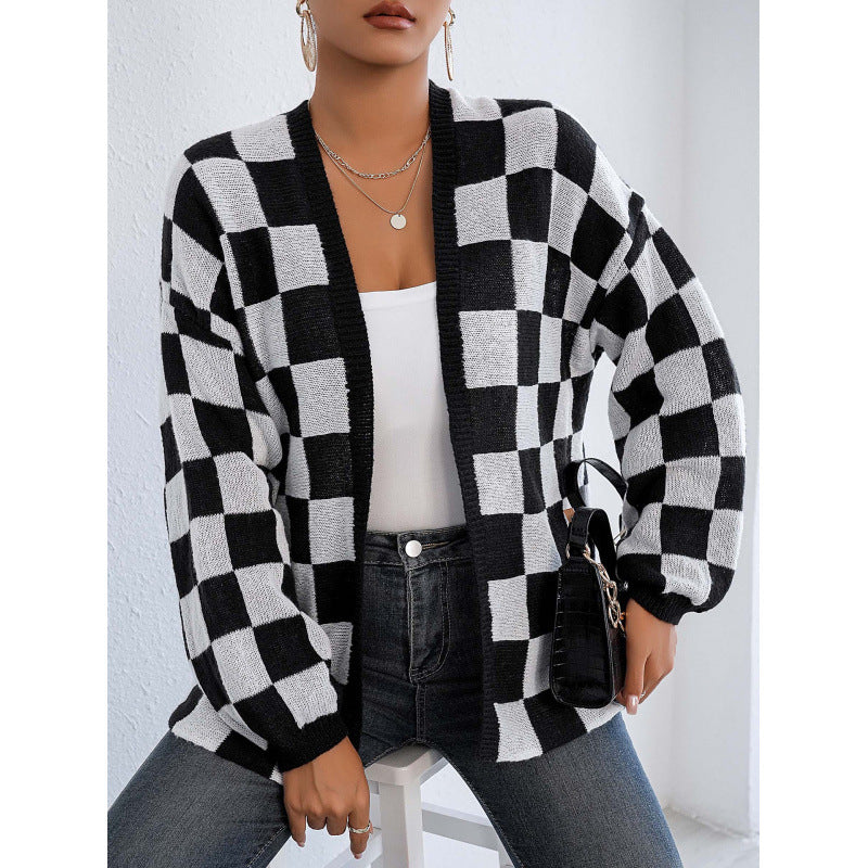 Womens Casual Loose Sweater Coat with a Checkerboard Pattern