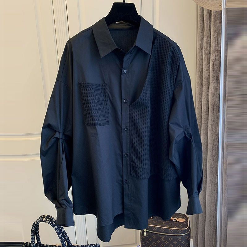 Stitching Waffle Fake Two Pieces Loose Casual Shirt Women
