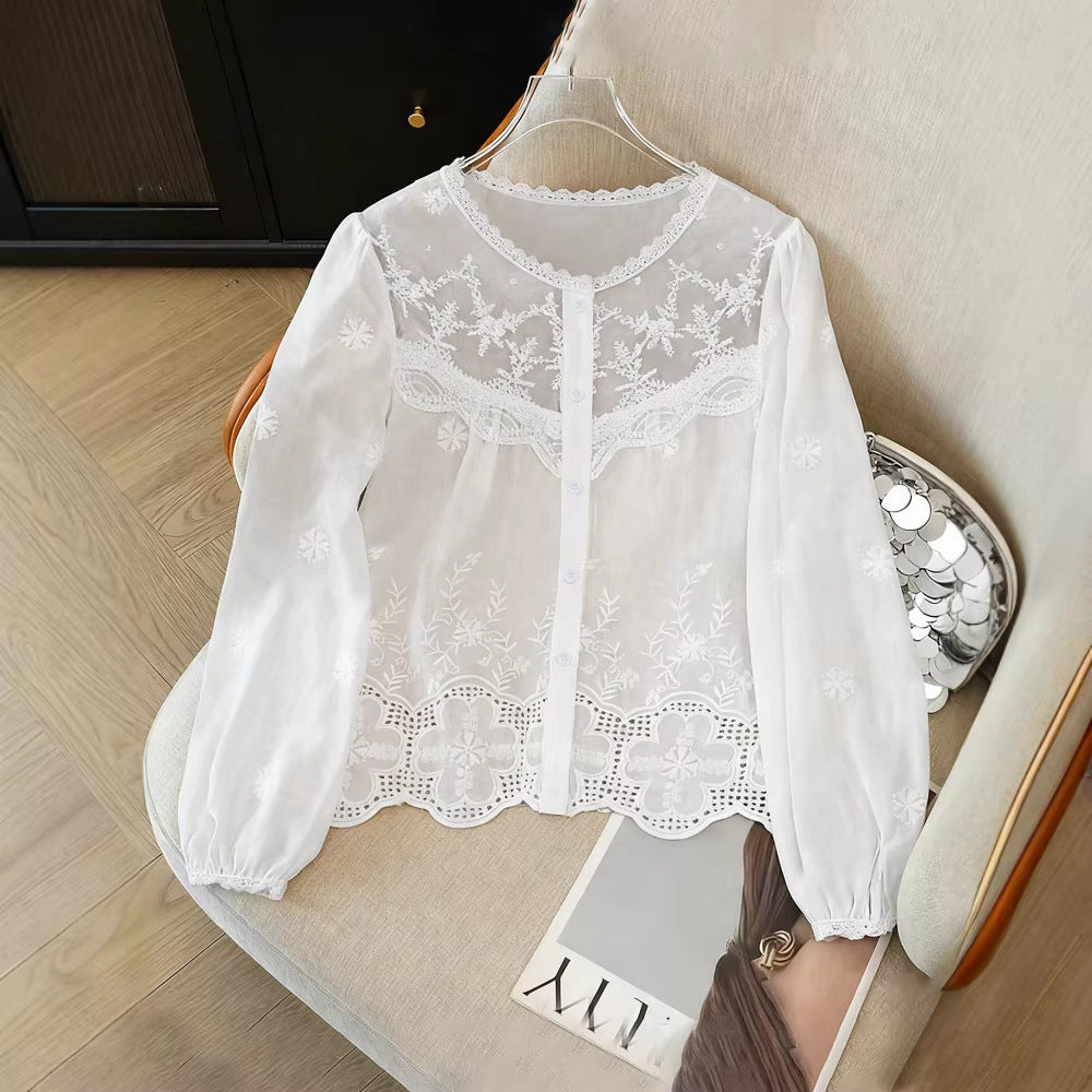 Elegant Hollow-Out Lace Trimmed Summer Shirt for Women
