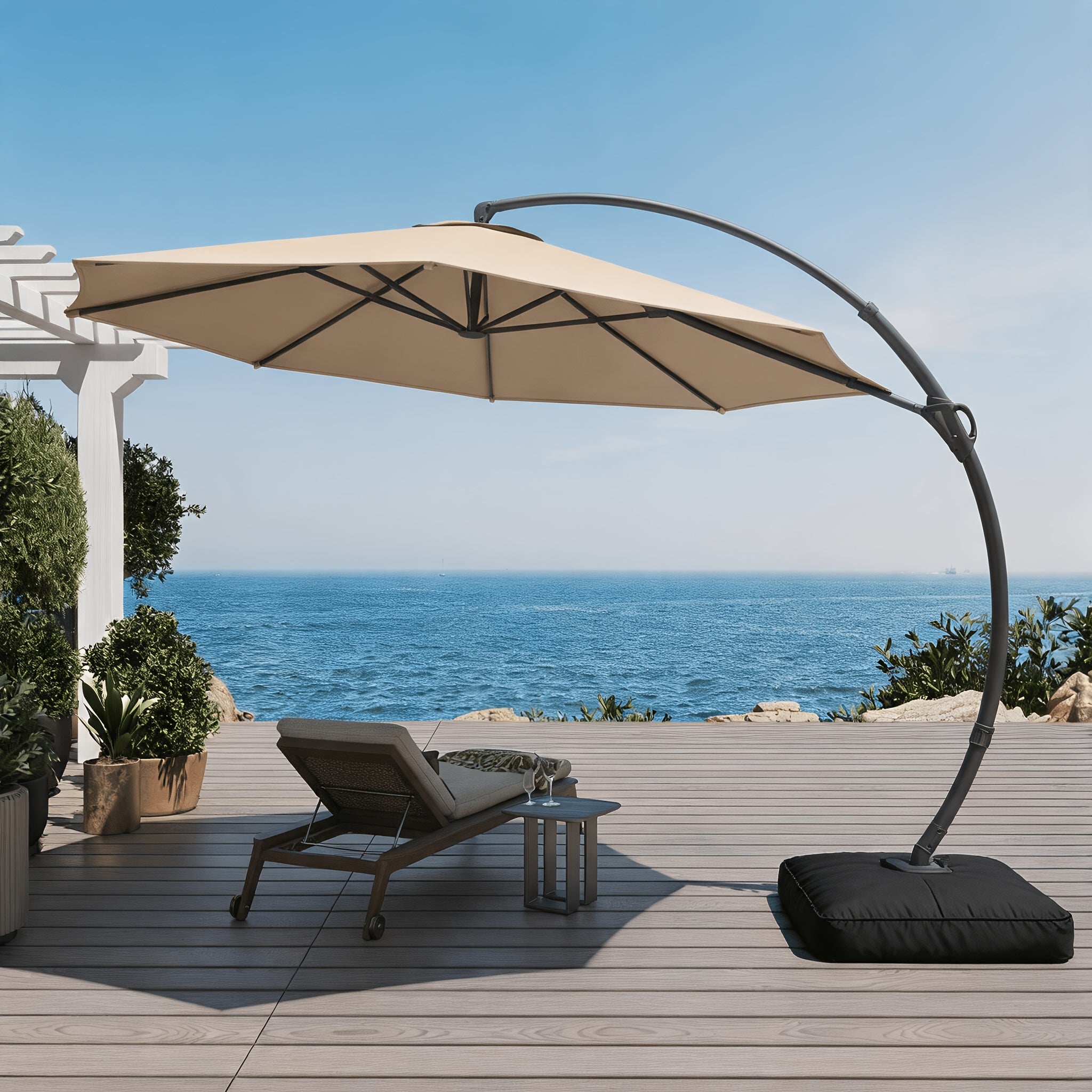 [360° Rotation] LAUSAINT HOME Outdoor Patio Umbrella with Base Included, 11ft Deluxe Curvy Cantilever Umbrella Heavy Duty Offset Hanging Umbrella with 360° Rotation for Market Pool Garden Backyard Deck Market