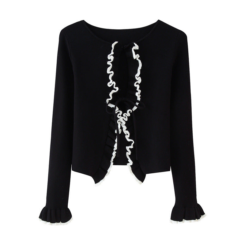 Spring and Autumn Solid Color Two-color Lace Stitching Long Sleeve Tied Knitted Cardigan