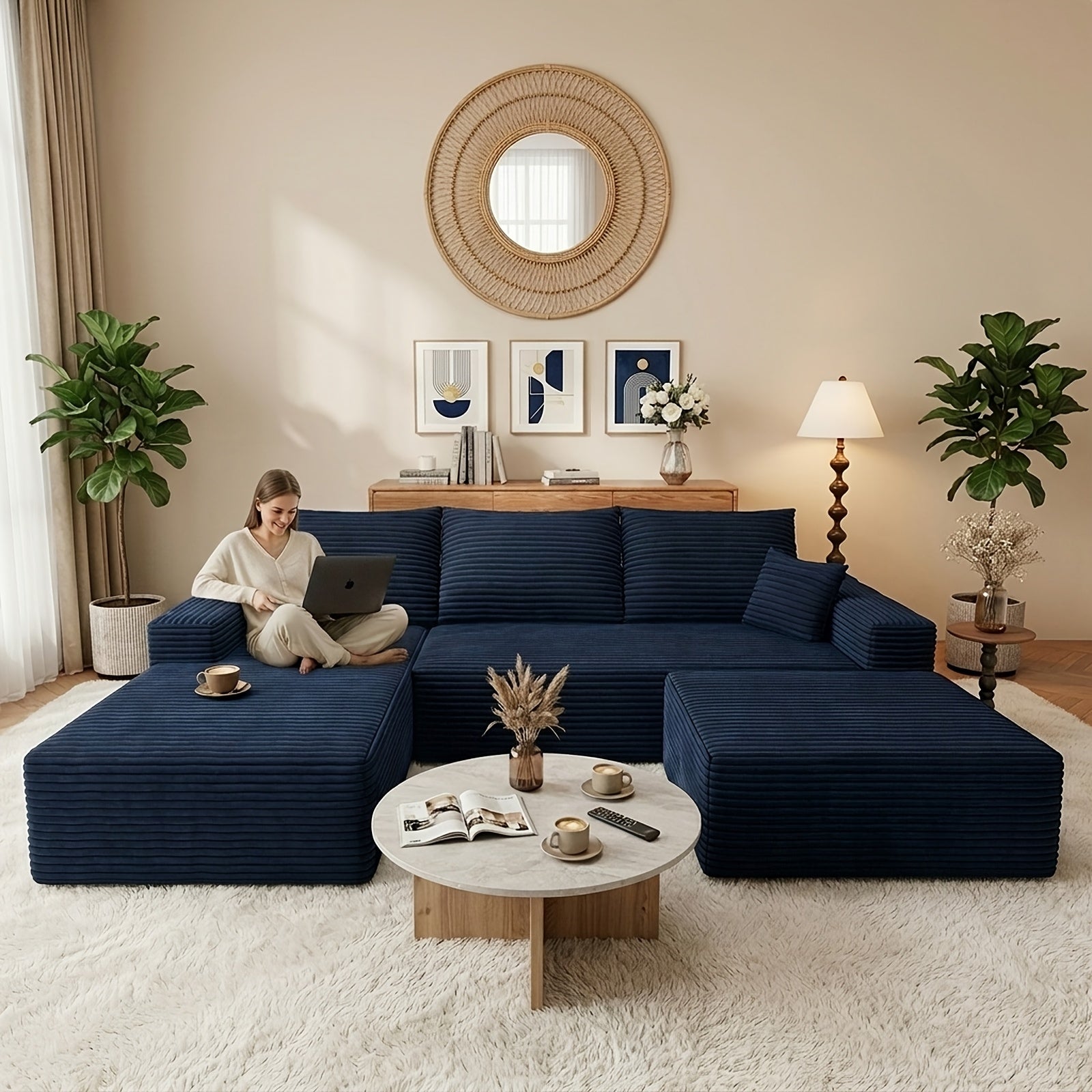 Modular L-shaped chaise longue sofa bed with deep seat and corduroy upholstery