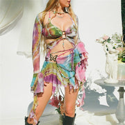 Flared Sleeve Butterfly Print Skirt Outfit for Women