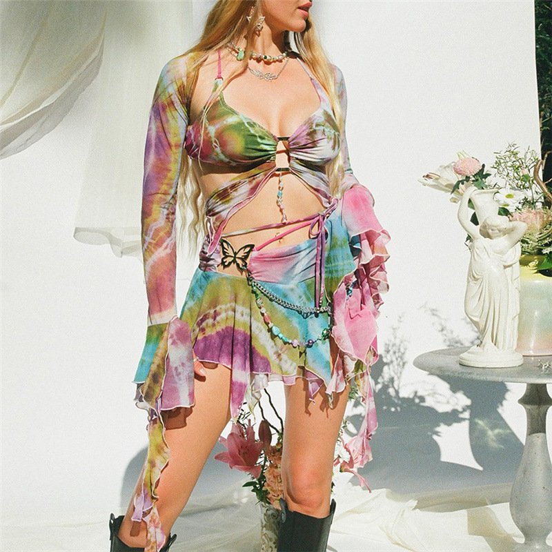Flared Sleeve Butterfly Print Skirt Outfit for Women