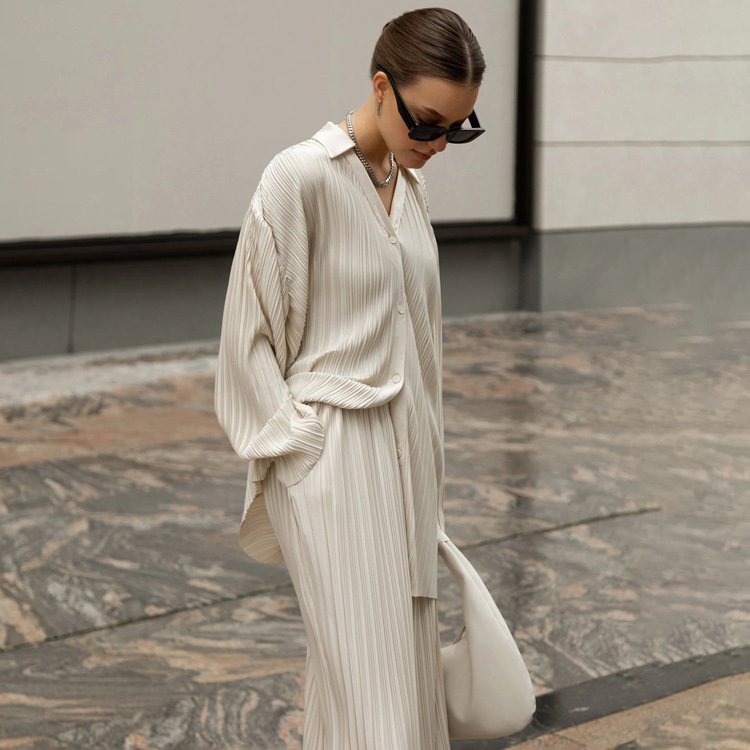 Beige Solid Color Western Style Straight-leg Pants Suit for Women