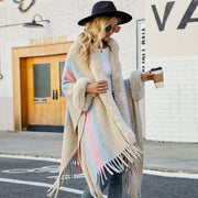 Autumn Striped Hooded Cape for Women, Mid-Length and Warm