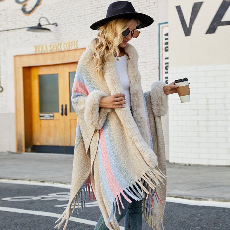 Autumn Striped Hooded Cape for Women, Mid-Length and Warm