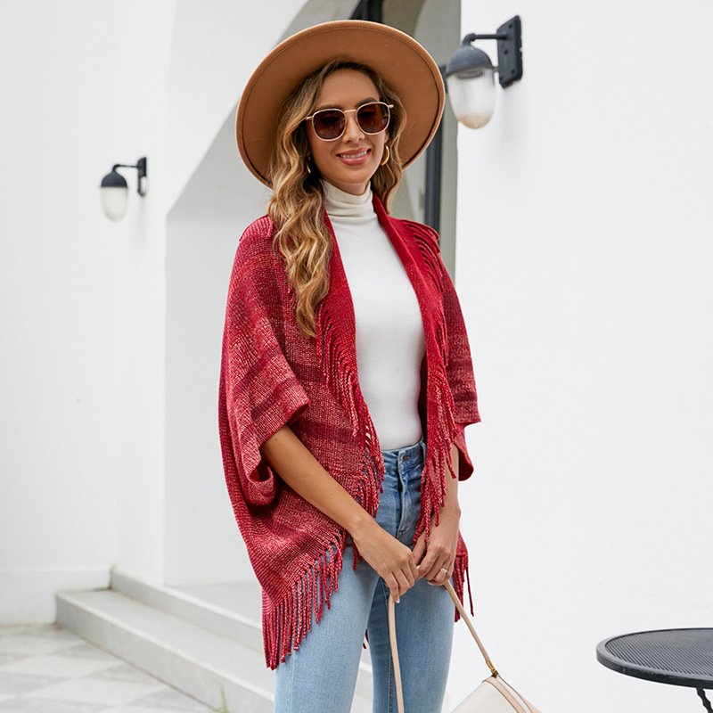 Mid-Length Tassel Scarf for Women, Warm Striped Knit Wrap