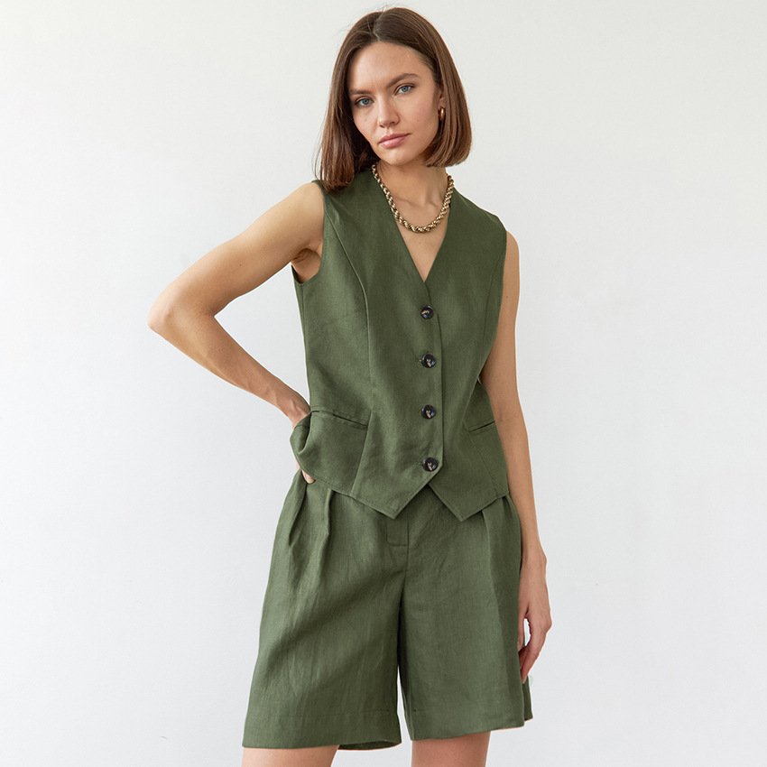Casual V-neck Vest Shorts Set for Women