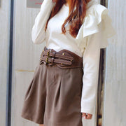 Wide Brown Elastic Belt with Double Pin Buckle