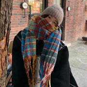 Rainbow Plaid Mohair Scarf for Winter Warmth