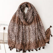 Leopard Print Voile Silk Scarf with Tassel
