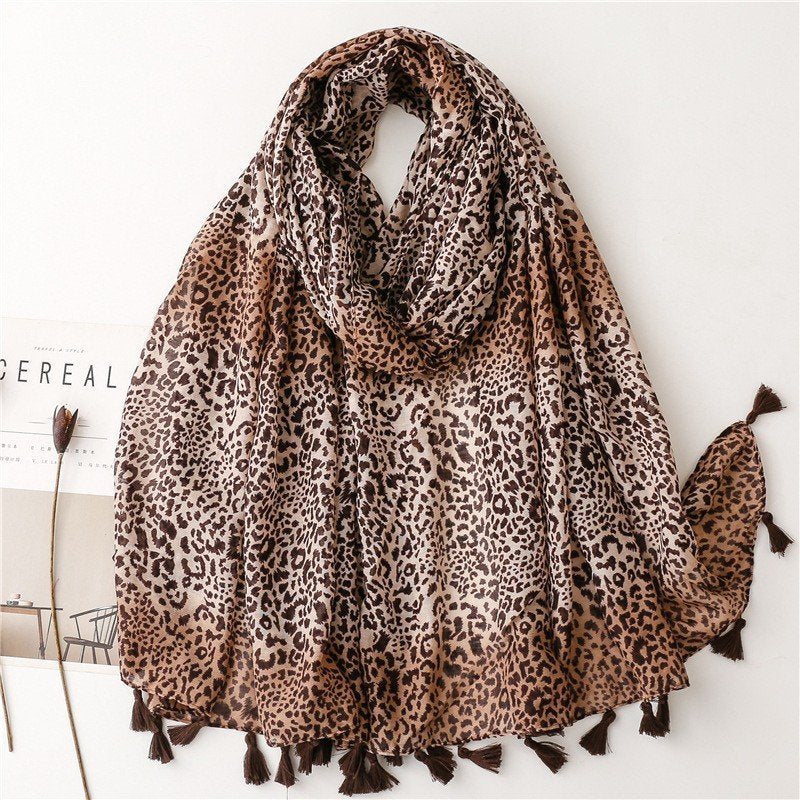 Leopard Print Voile Silk Scarf with Tassel