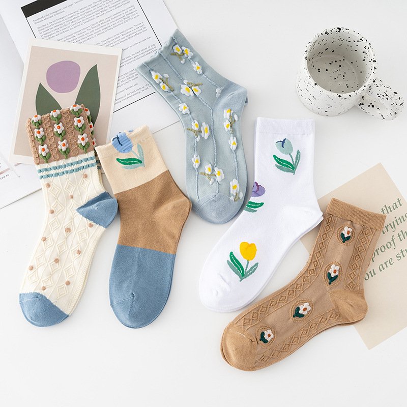 Cozy Autumn Mid-calf Socks for Women - 5-Pack Color Mix