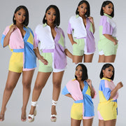 Color Block Pocket Shorts Suit for Women