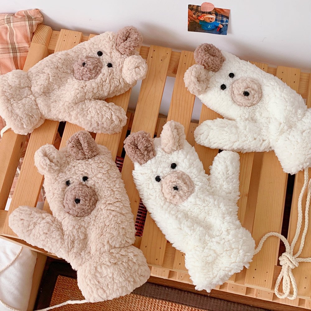 Fleece Cartoon Bear Gloves for Women - Cold Protection Mittens