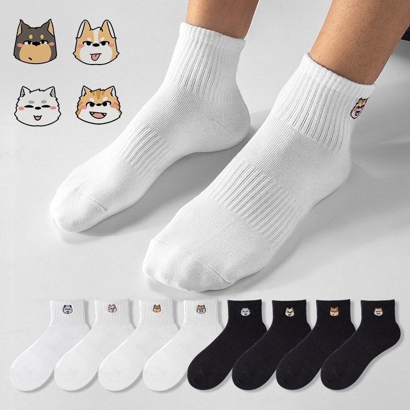Men's Mid-Calf Socks with Cartoon Dogs & Cats Embroidery