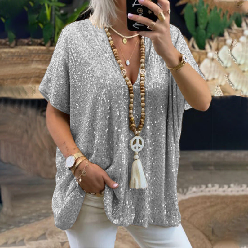 Women's Sequined V-Neck Loose Pullover Top