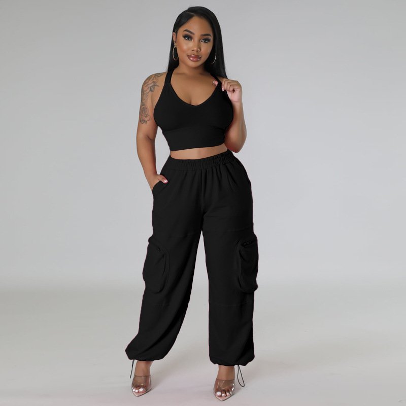 Women's Wide Leg Two-piece Suit with Vest Pocket