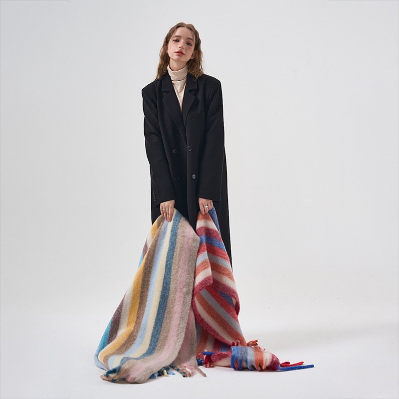 Warm Rainbow Color-Blocking Striped Scarf