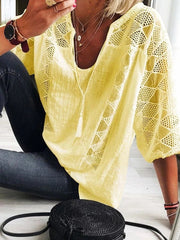 Lace Stitching U-neck 3 4 Sleeve T-shirt