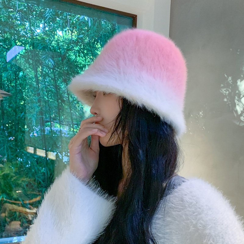 Gradient Color Rabbit Fur Fisherman Hat for Women