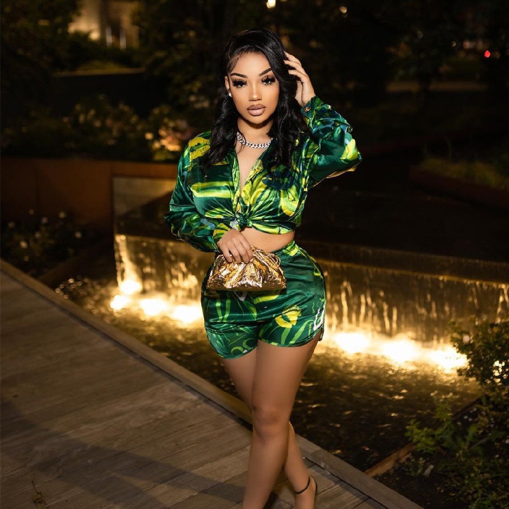 Summer Two-piece Set for Women - Long Sleeves Top & Shorts