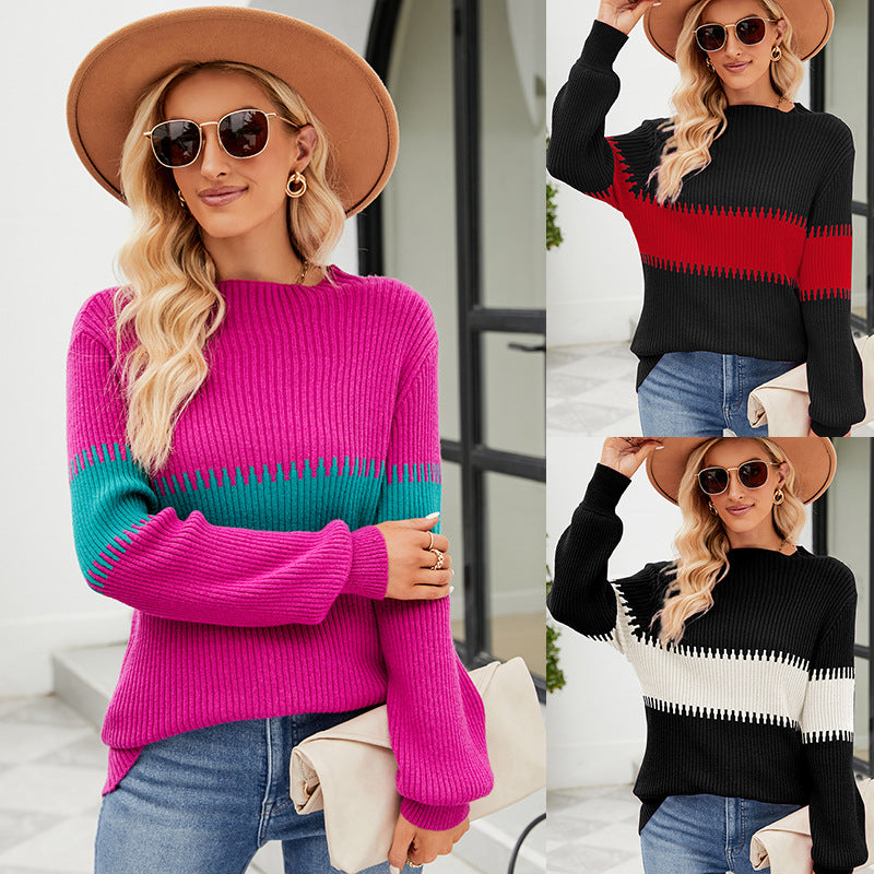 Women's Loose Color Contrast Patchwork Mock Neck Sweater