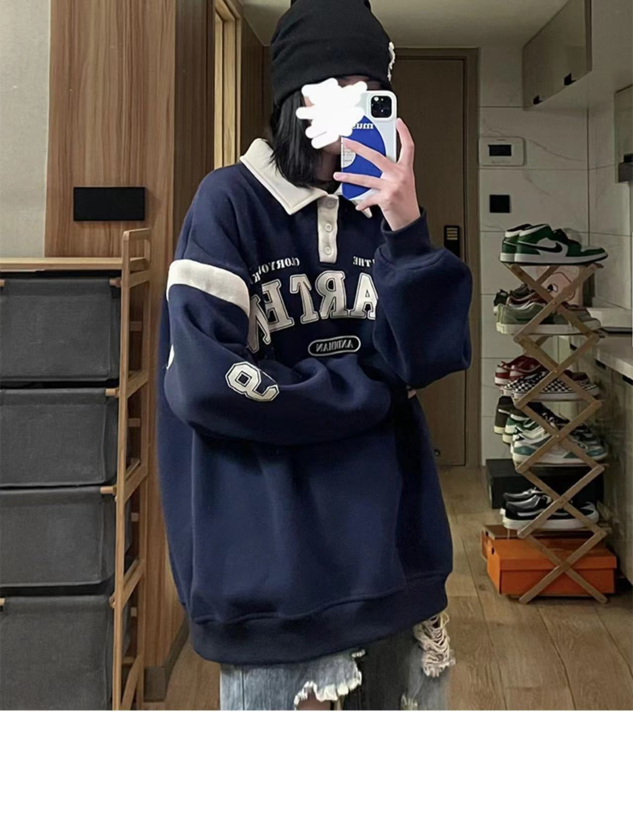 American Retro Contrast-color Stitching Sweatshirt Loose Casual Top