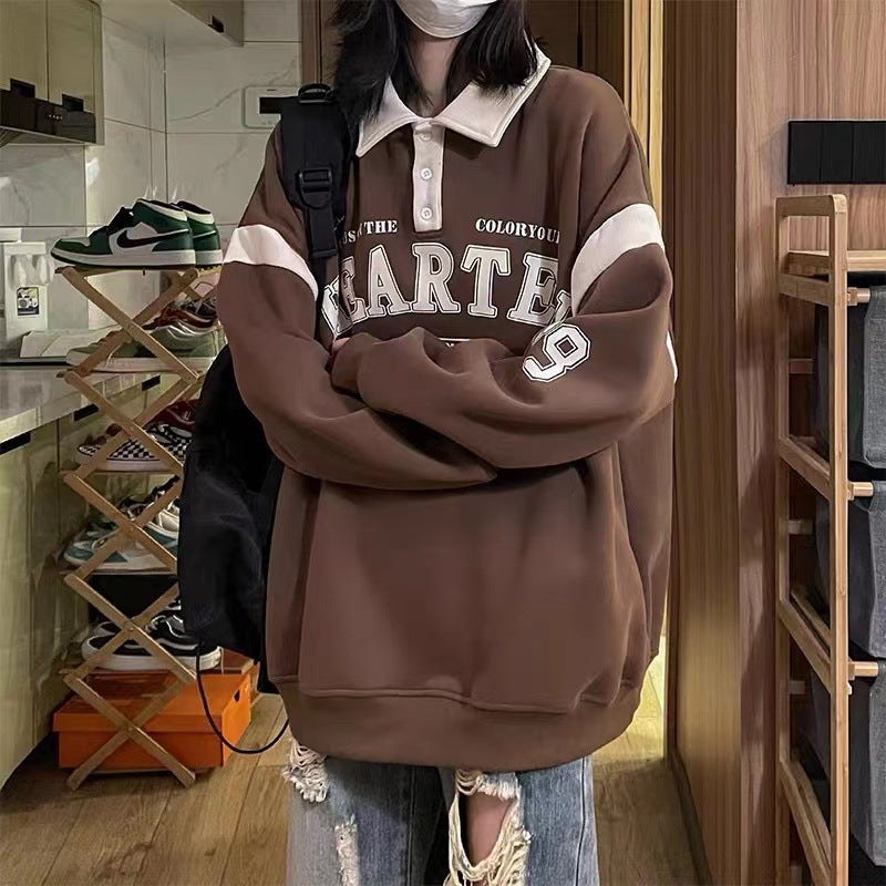 American Retro Contrast-color Stitching Sweatshirt Loose Casual Top