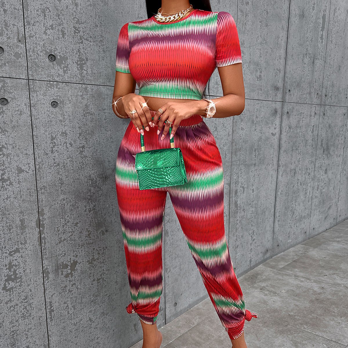 Women's Red Round Neck Printing Jumpsuit Set